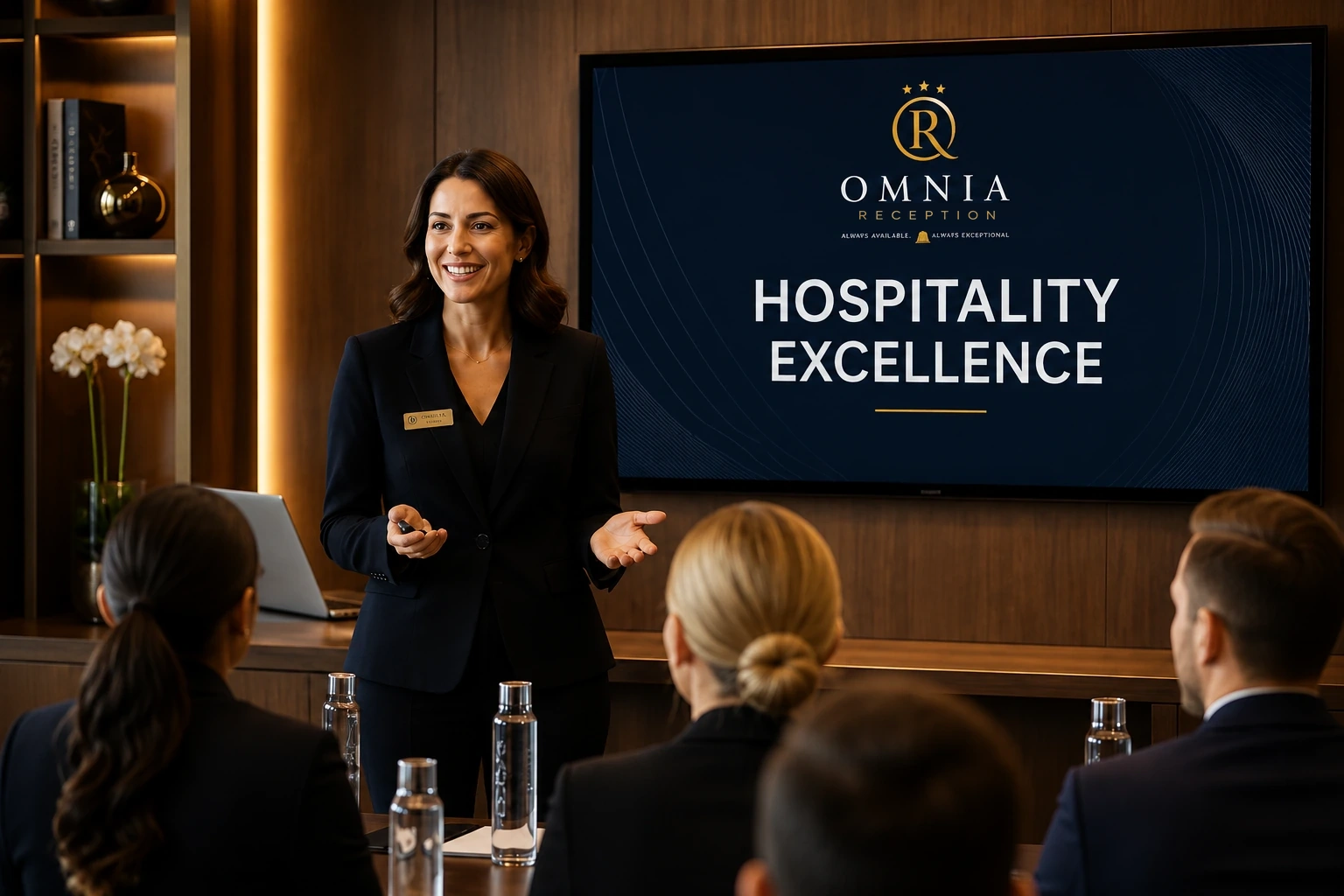 Hospitality training session with a professional trainer presenting to a small audience