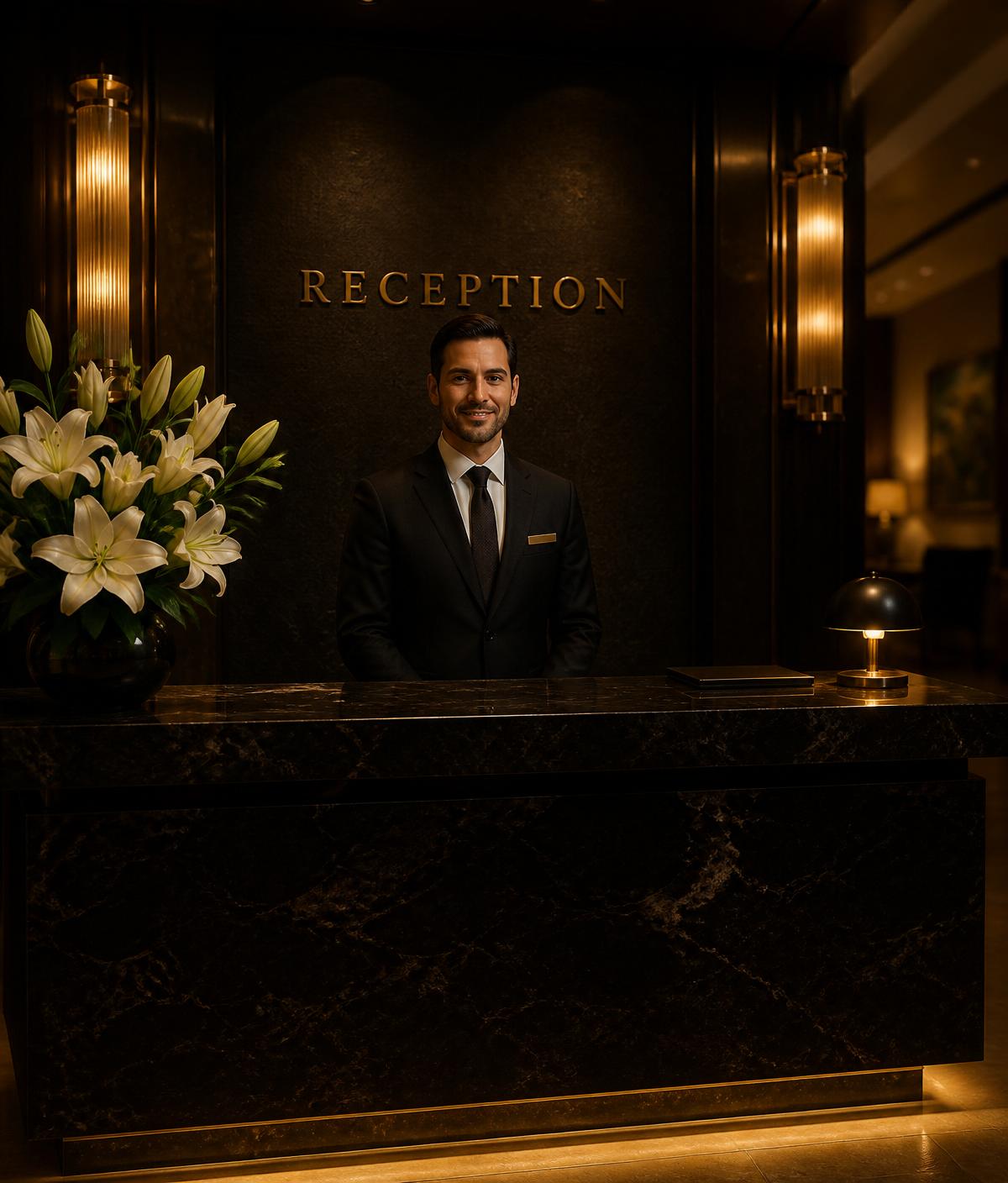 Professional male receptionist behind a black marble reception desk